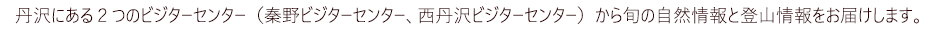 丹沢にある２つのビジターセンター（秦野ビジターセンター、西丹沢ビジターセンター）から旬の自然情報と登山情報をお届けします。