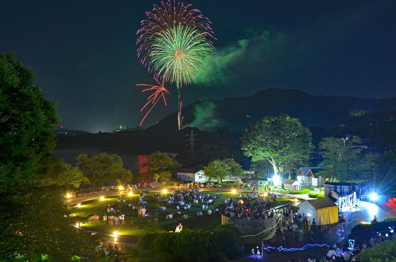 夜の芝生広場の上で打ち上げ花火が上がっている